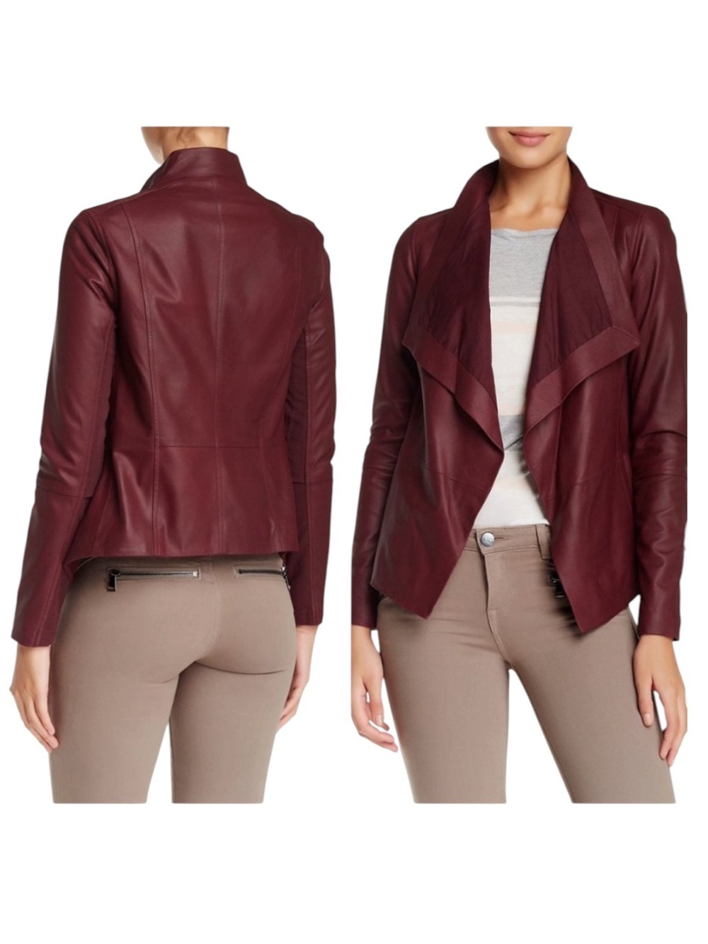 Vince 100% Goat Leather Red Open Front Jacket Women’s Size Large Maroon in EUC!
